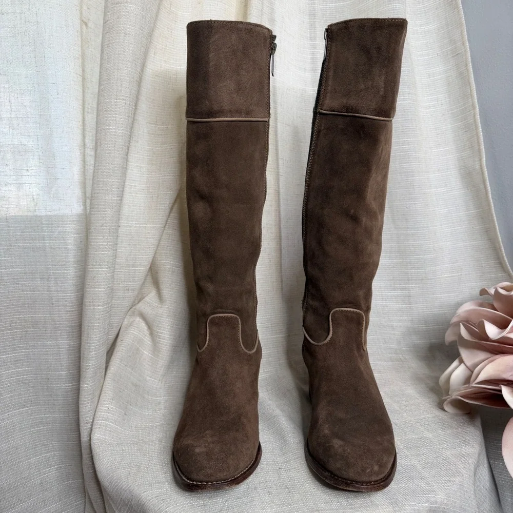Two24 Ariat Suede Leather Tall Boots Heel Side Zip Brown Spain Women Shoe Size 8